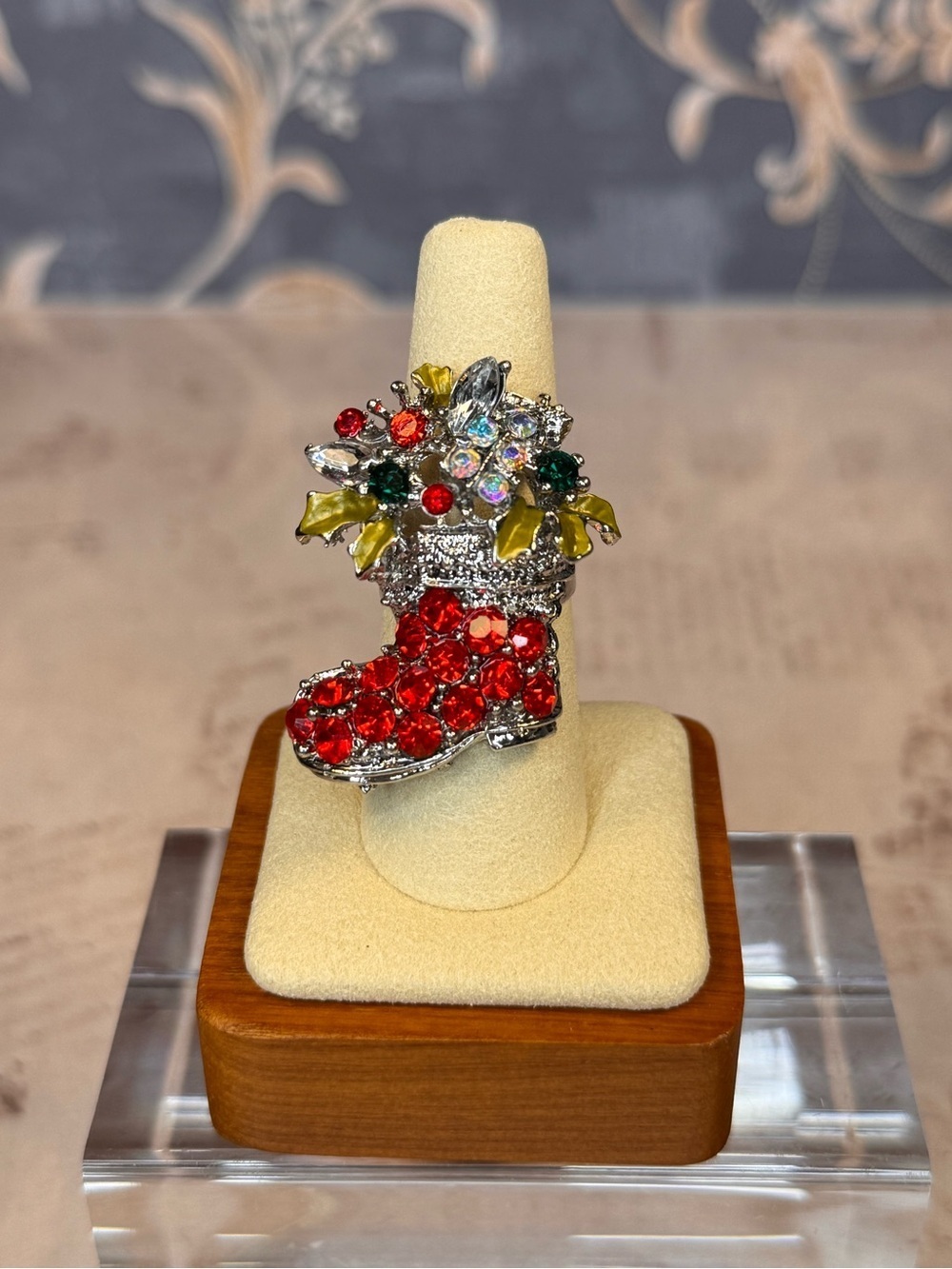 Christmas Stocking Rhinestone Adjustable Ring Holiday Statement D14
